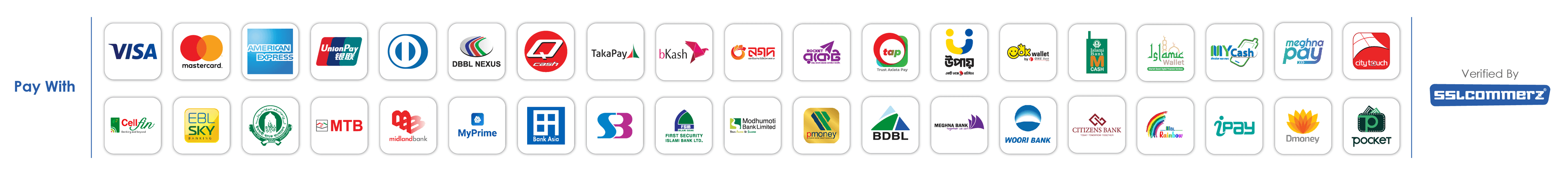 Accepted Payment Methods - Visa, Mastercard, American Express, UnionPay, Diners Club, DBBL Nexus, bKash, Nagad, Rocket, and many more