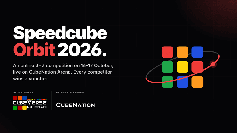 Speedcube Orbit 2026: a 3x3 face of coloured tiles circled by a red orbit ring, with the Cubeverse Rajshahi and CubeNation logos.