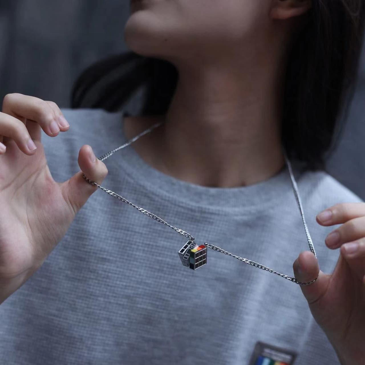 Heart-Fluttering  Cube Rainbow Enamel Necklace - Black image 3