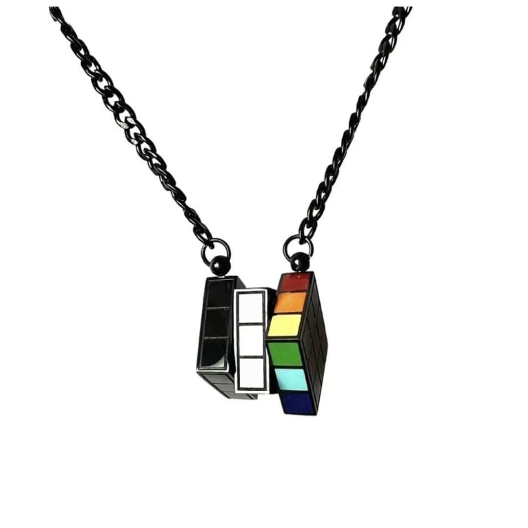 Heart-Fluttering  Cube Rainbow Enamel Necklace - Black