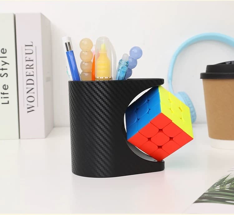 Cube-Stand Pen-Holder with carbon fiber stickers - Black image 2