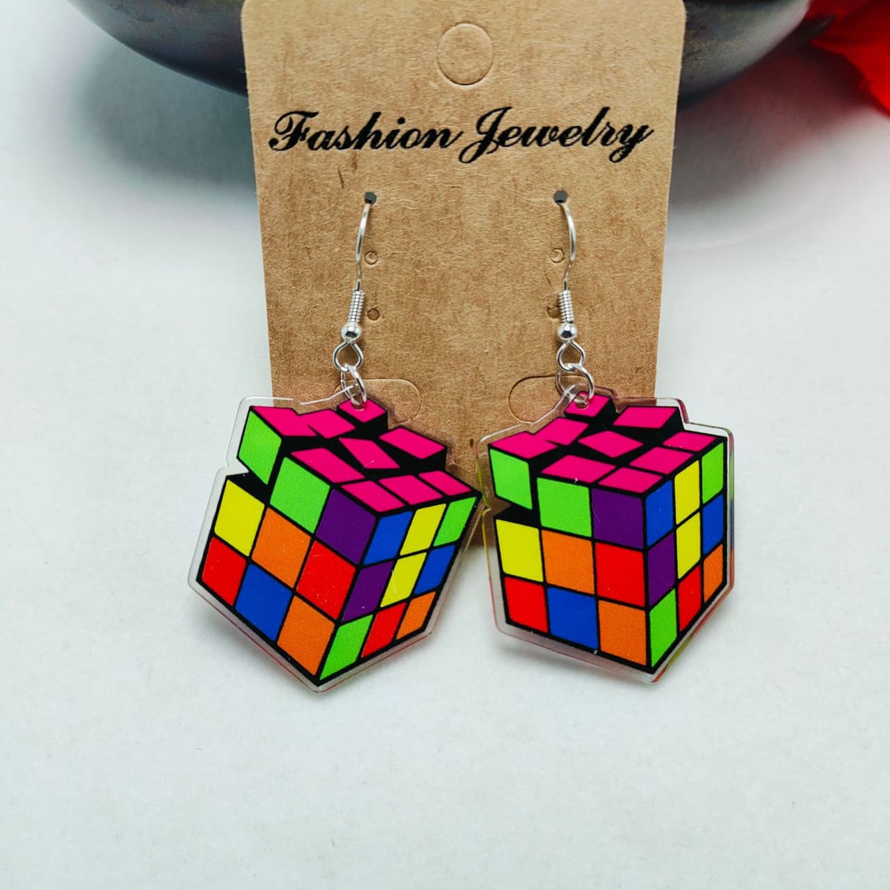 Colorful Flat Cube Earrings #2 - Colorful Transparent image 1